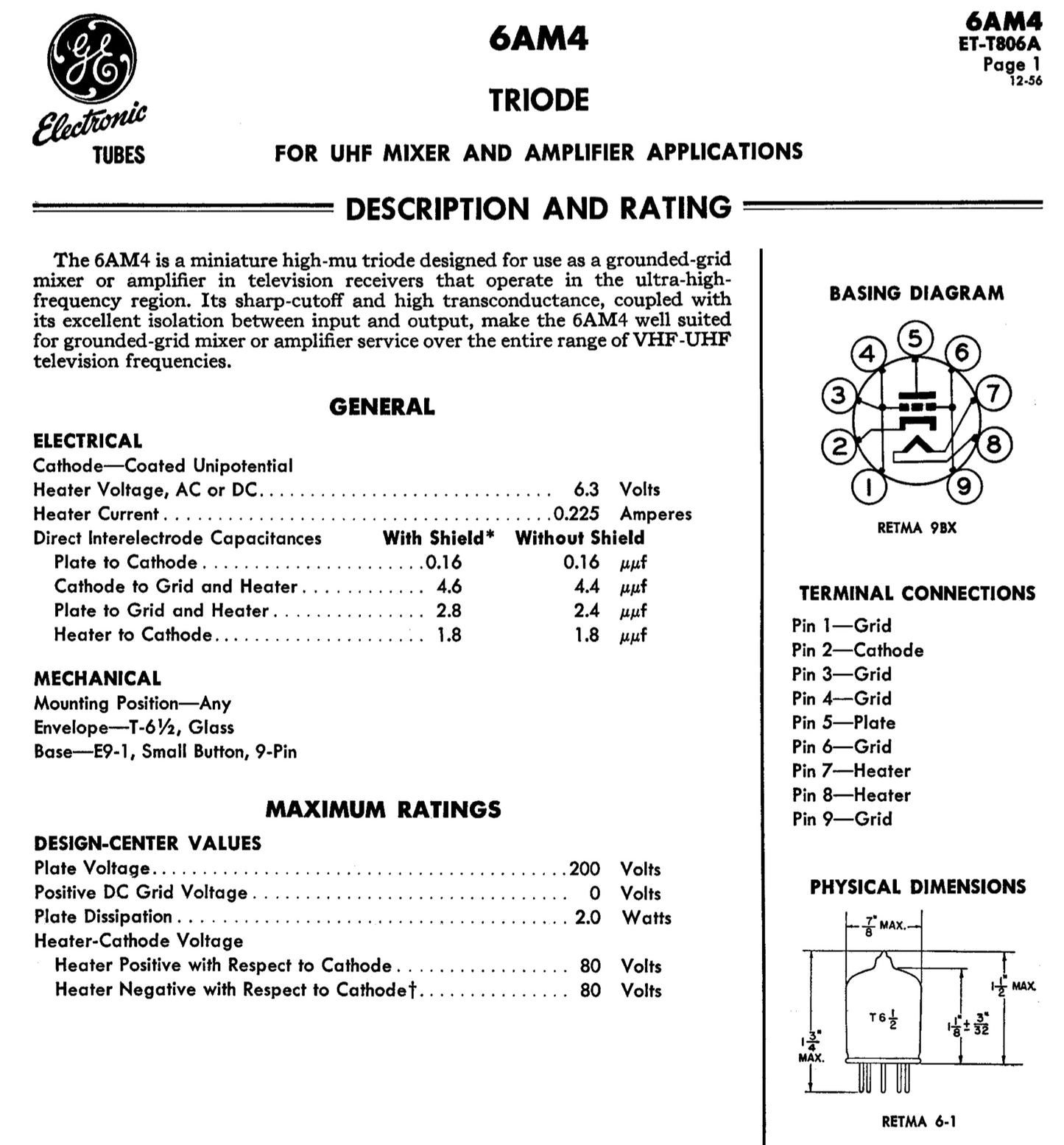 6AM4 GE, CV5073, UHF High Mu Triode