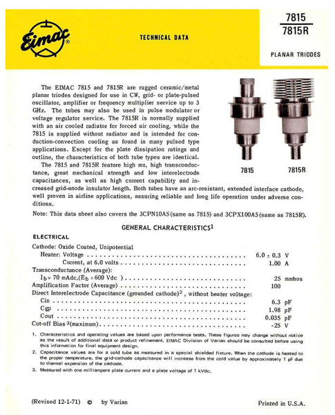 7815, 3CPN10A5, Machlett  Electron Tube Planar Triode