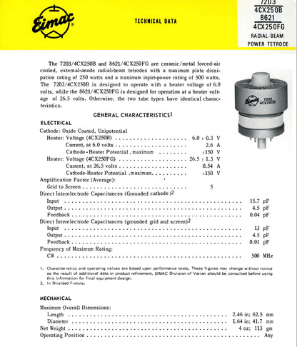4CX250F/G, EIMAC, 8621, NEW, SAME BATCH CODE, EX MILITARY, STOCK.