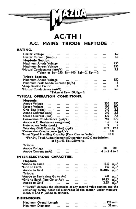 41STH, COSSOR, AC./TH1, AC/TH1,, NEW BOXED, 20A1, 41STH, 4THA, AS4125, CV2830, MM4V, TH4A, TH4B, X41