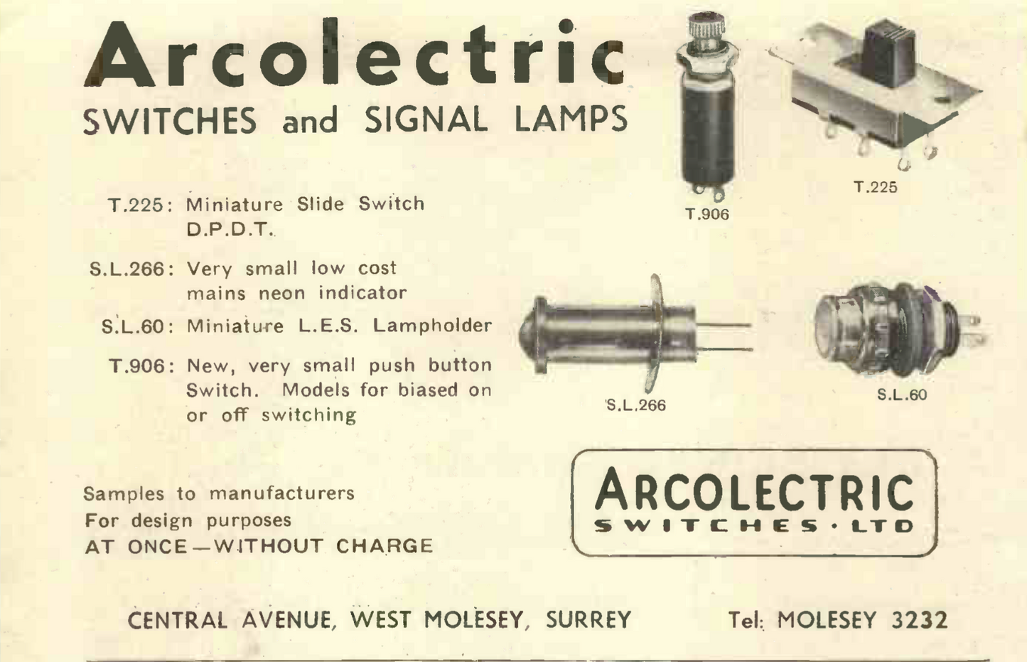 ARCOLECTRIC, PEAR DOLLY, SWITCH, DPST,  3A @ 250V