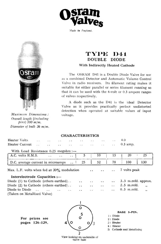 D41, MARCONI, 2D4A, D41M, DDL4, V914, TB24, A20B, CV1187, OSRAM AS USED IN, EKCO AC85, NEW BOXED,