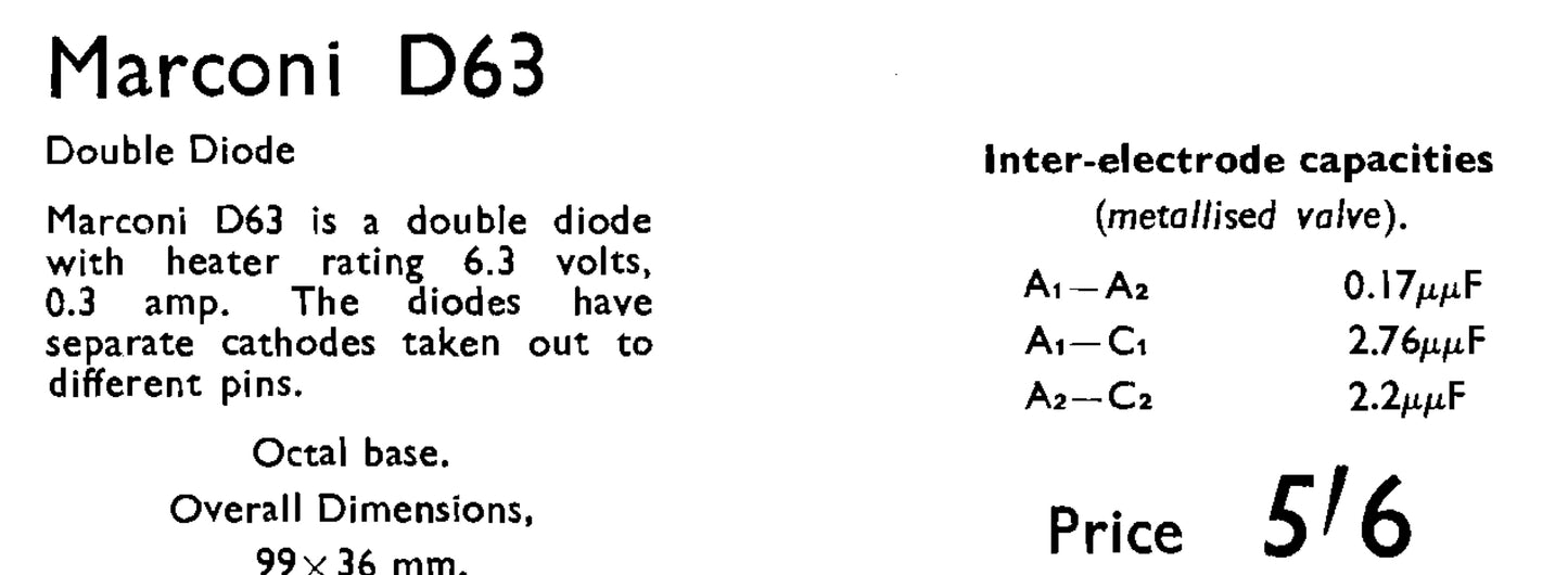 D63, MARCONI, NEW BOXED, 6H6, ARDD3 , FOR AR88, WS19, T1259