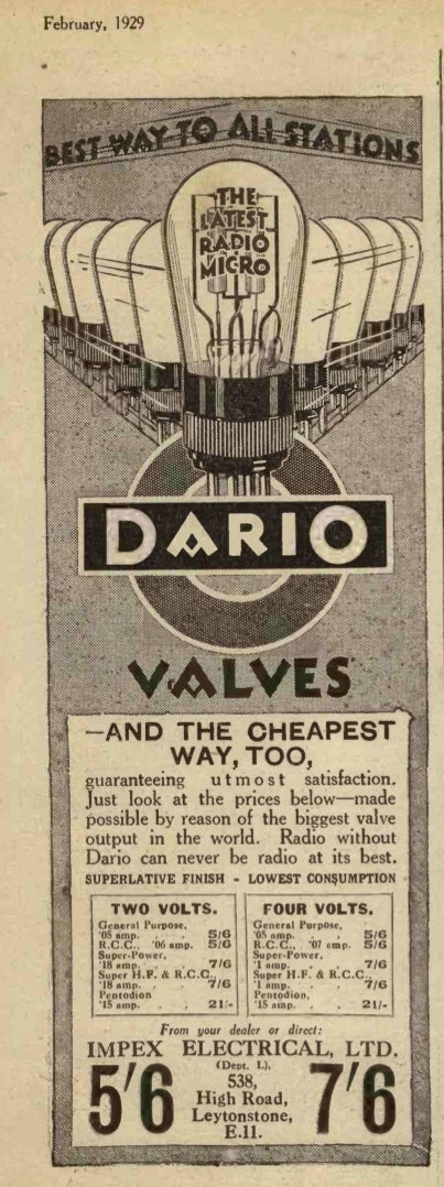 UNIVERSAL BI-VOLT, DARIO, 2V FILAMENT,, TRIODE, 1929, BOXED