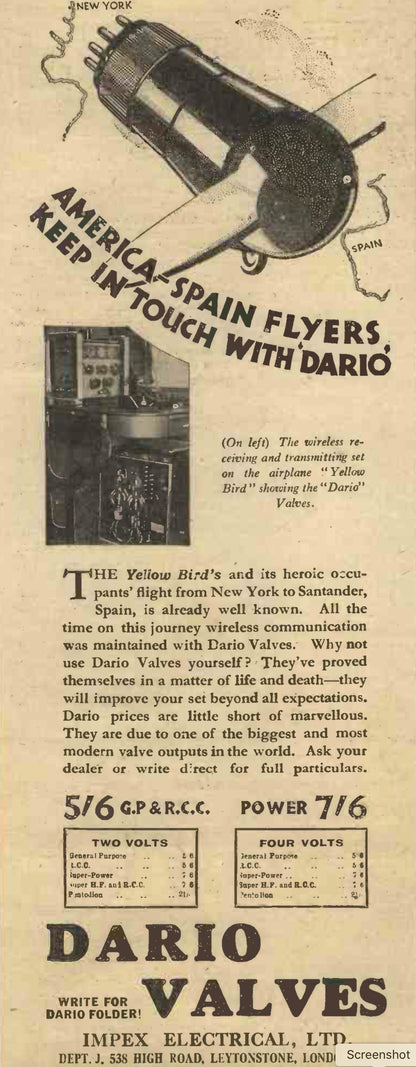 UNIVERSAL BI-VOLT, DARIO, 2V FILAMENT,, TRIODE, 1929, BOXED