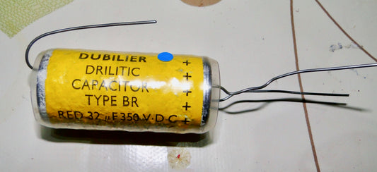 DUBILIER DRILYTIC TYPE BR 32 + 16uF 350V DUAL SECTION AXIAL ELECTROLYTIC CAPACITORS
