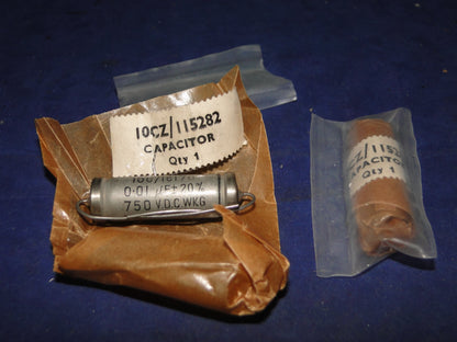 TCC, METALPACK, PAPER IN OIL, PIO, CAPACITORS, AXIAL, 0.01uF @ 750V, AIR MINISTRY, 10C/ 16170, 10CZ/11582, NEW OLD STOCK,