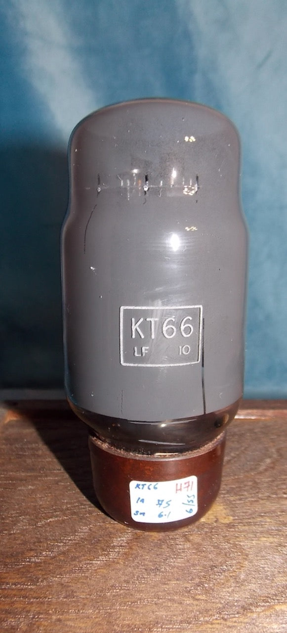 KT66, OSRAM BROWN BASE,GREY GLASS , LARGE BLUE DECAL, HAMMERSMITH PRODUCTION, JUNE 1955,