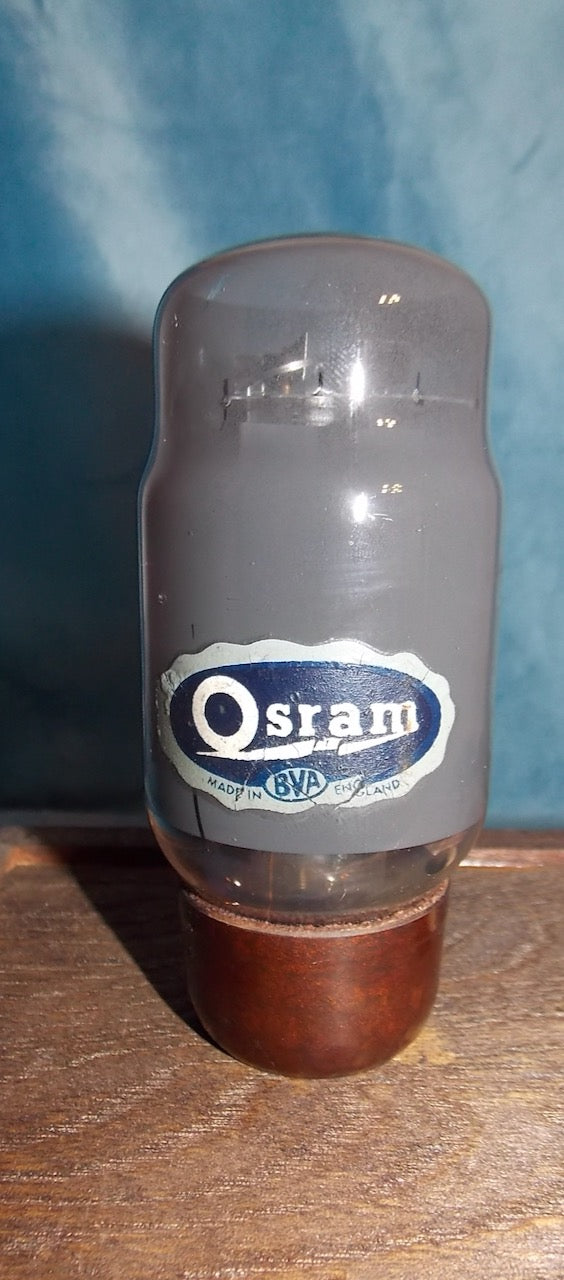 KT66, OSRAM BROWN BASE,GREY GLASS , LARGE BLUE DECAL, HAMMERSMITH PRODUCTION, JUNE 1955,