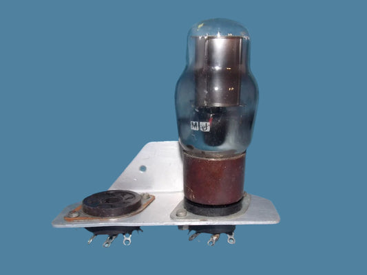 Aluminium bracket c/w 2x NOS Octal valve bases, fitted with Marconi 150/40 voltage regulator valve