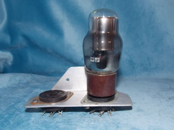 Aluminium bracket c/w 2x NOS Octal valve bases, fitted with Marconi 150/40 voltage regulator valve