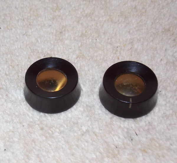 PAIR OF BROWN BAKELITE KNOBS, DISHED, GOLD BRIGHT, D SHAFT SPRING MOUNT, 33mm DIA, 13mm HiGH