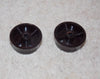 PAIR OF BROWN BAKELITE KNOBS, DISHED, GOLD BRIGHT, D SHAFT SPRING MOUNT, 33mm DIA, 13mm HiGH