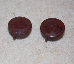 PAIR OF BROWN BAKELITE KNOBS, PEAKED, KNURLED EDGE, 6mm DIA SHAFT, FRICTION FIT, 31mm DIA, 12mm HiGH