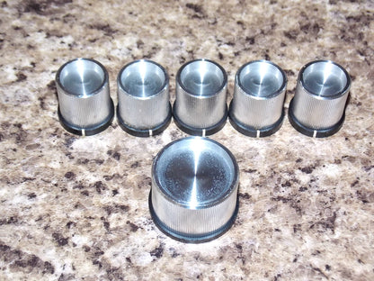 SET OF 6x, ALUMINIUM KNURLED EDGE, KNOBS,, 6mm SPLINE, IN BLACK PLASTIC  INSERT, x 20mm DIA, 20mm HIGH + 1x 30mm DIA, 20mm HIGH