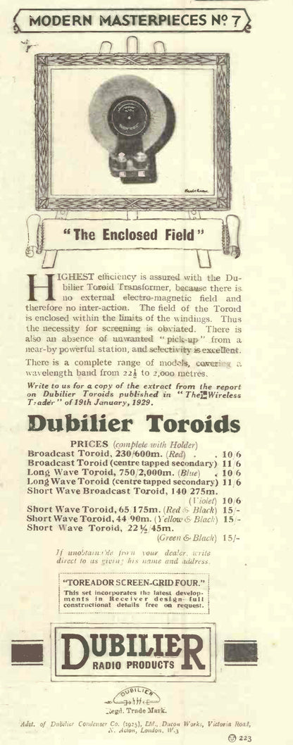 DUBILIER TOROID COIL, BLUE LITZ WIRE, PLUS HOLDER, FROM 1929