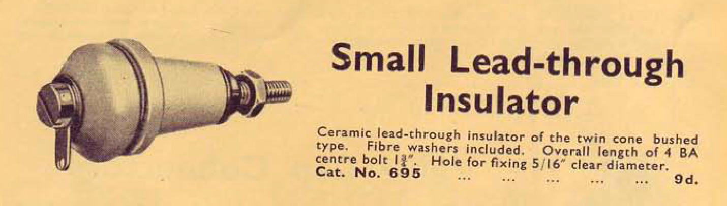 EDDYSTONE, CERAMIC PEAR SHAPED, LEAD THROUGH INSULATORS, 40mm LENGTH, CAT No 695, ON 7INS THREADED SHAFT