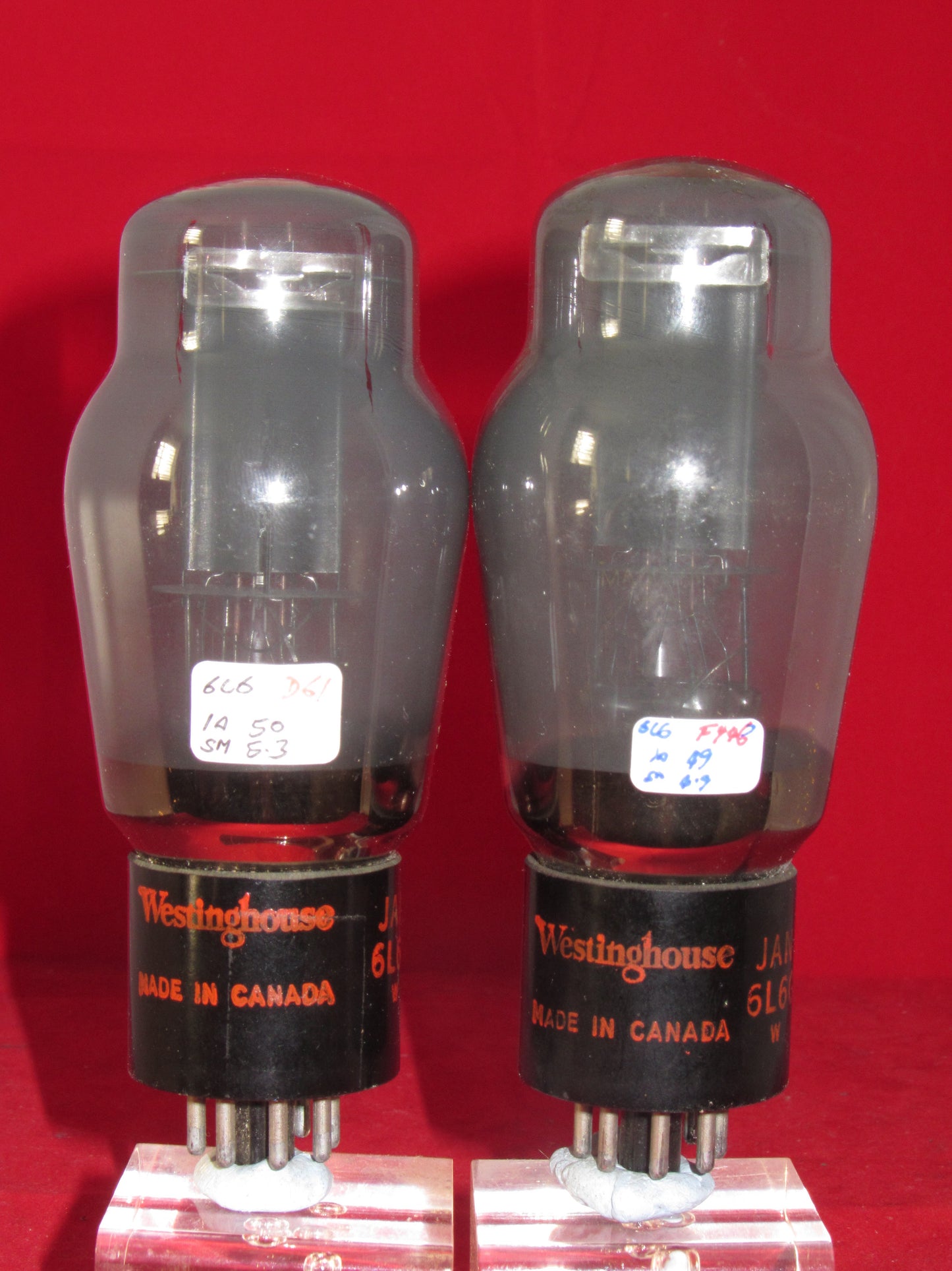 6L6G, WESTINGHOUSE, MATCHED PAIR, CANADA WARTIME MANUFACTURE, RED BASE PRINT