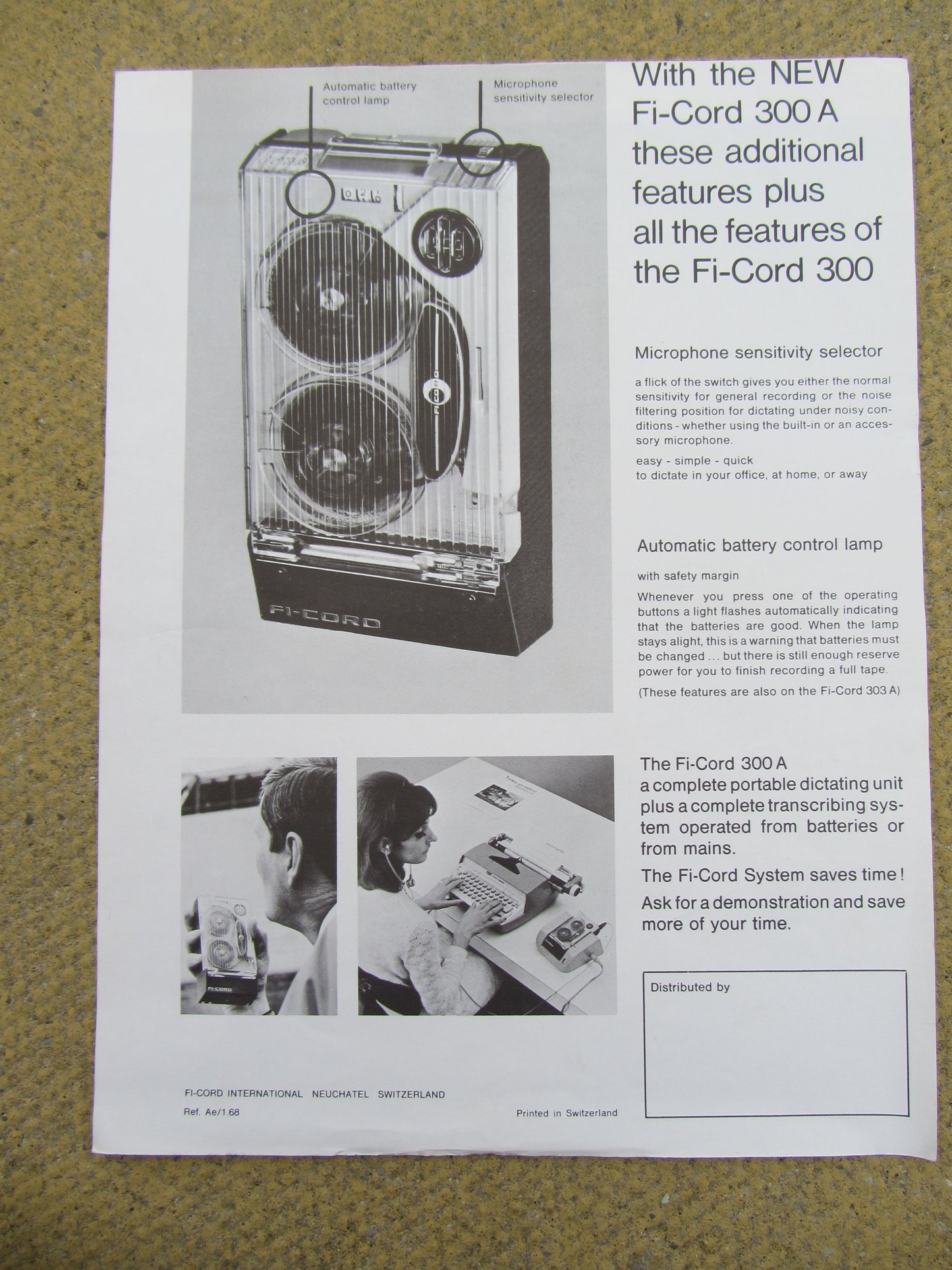 FI-CORD, 300A, SPY TAPE RECORDER, STELLAVOX, SWISS, DATA SHEET