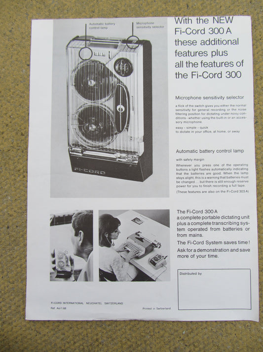 FI-CORD, 300A, SPY TAPE RECORDER, STELLAVOX, SWISS, DATA SHEET