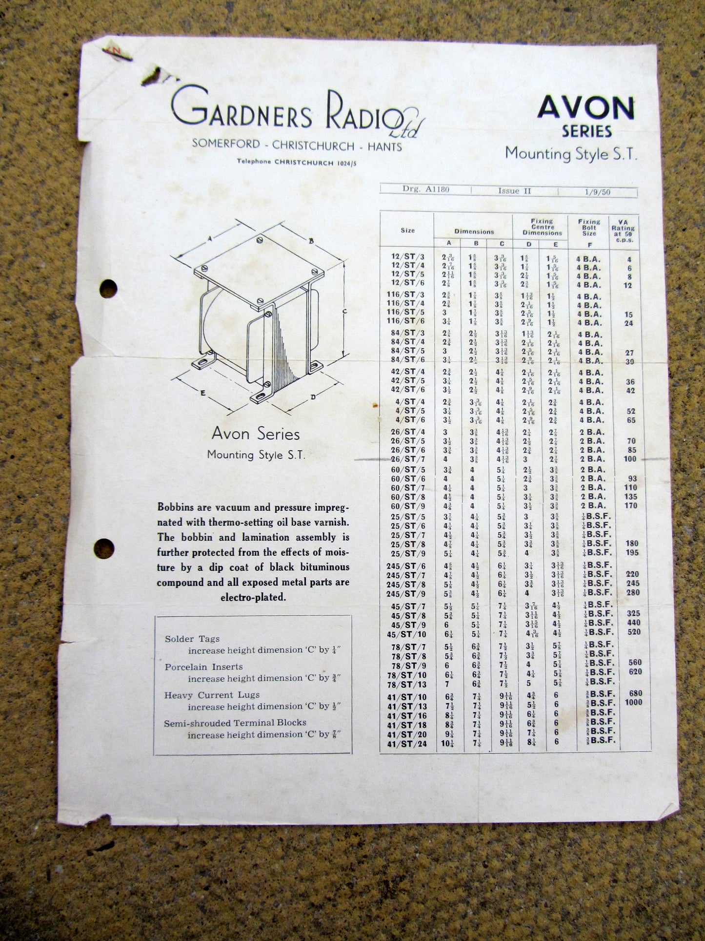 GARDNERS RADIO, AVON TRANSFORMER, DATA SHEET,