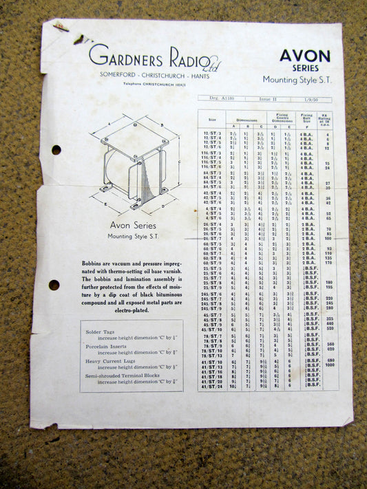 GARDNERS RADIO, AVON TRANSFORMER, DATA SHEET,