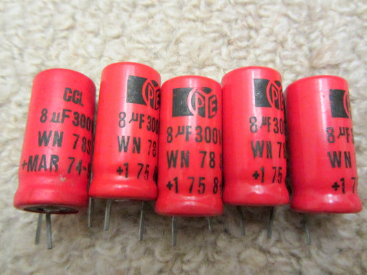 RS, RADIOSPARES, (PYE), AXIAL ELECTROLYTIC CAPACITORS, VINTAGE, 8uF @ 300V