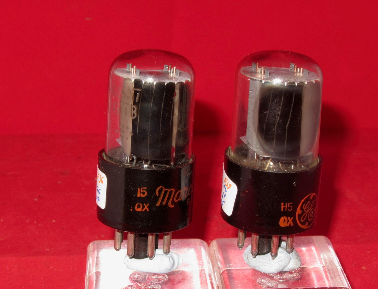 6SN7GTB, GE CANADA MANUFACTURED, MARCONI RADIOTRON,  MATCHED PAIR, RED BASE PRINT, 1959 PRODUCTION