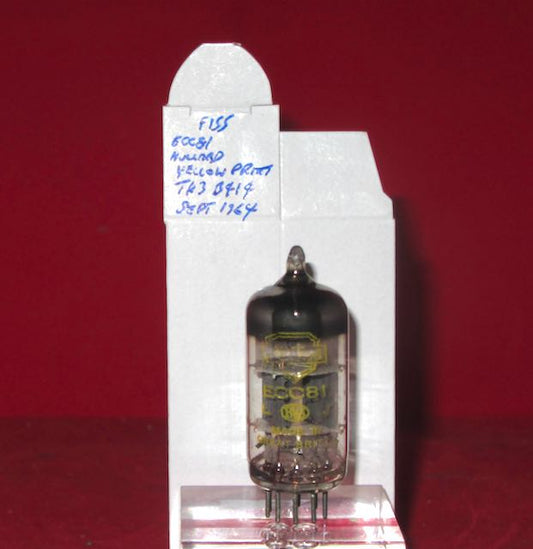 ECC81, MULLARD, OLD SHIELD, YELLOW PRINT, FACTORY CODE, Tk3 B4I4, BLACKBURN 1964 MANUFACTURE