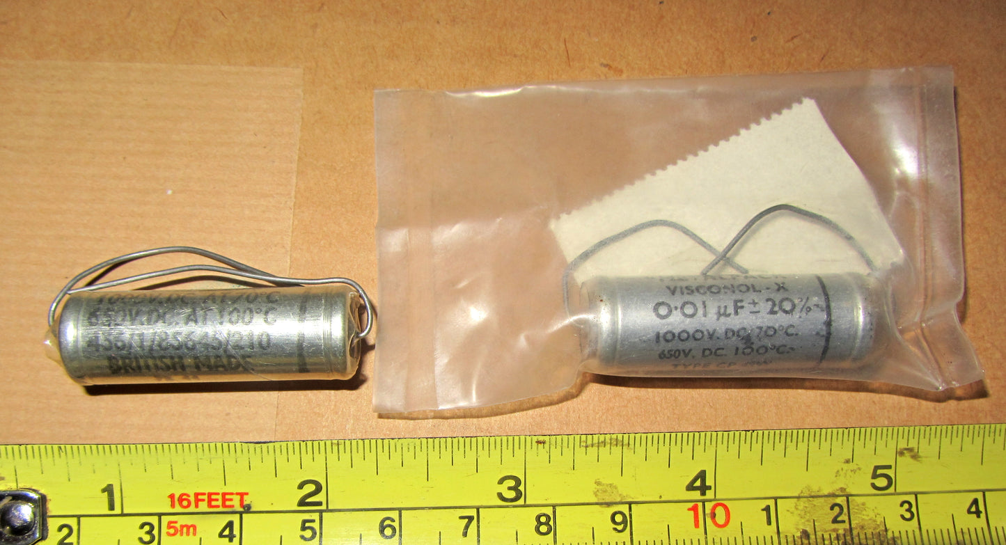 TCC, METALPACK, VISCONOL-X, PAPER IN OIL, PIO, CAPACITORS, AXIAL, 0.01uF @ 1000V, EX MILITARY, NEW OLD STOCK,