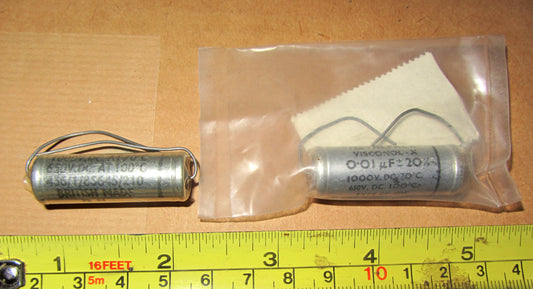 TCC, METALPACK, VISCONOL-X, PAPER IN OIL, PIO, CAPACITORS, AXIAL, 0.01uF @ 1000V, EX MILITARY, NEW OLD STOCK,