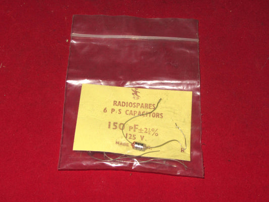 RS, RADIOSPARES, POLYSTYRENE, AXIAL CAPACITORS, 150pF 125V, PACK 6X