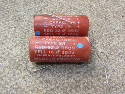 DUBILIER DRILYTIC TYPE BR 32 + 16uF 350V DUAL SECTION AXIAL ELECTROLYTIC CAPACITORS