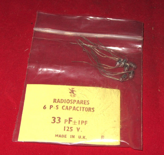 RS, RADIOSPARES, POLYSTYRENE, AXIAL CAPACITORS, 33pF 125V, PACK 6X