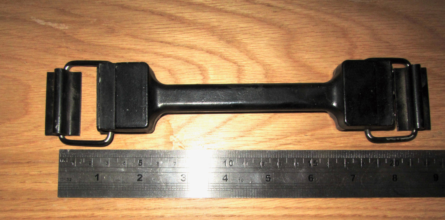 METAL HANDLE,  EX MILITARY? BLACK ENA,EL FINISH WITH SECURING LOOPS AND HANGERS