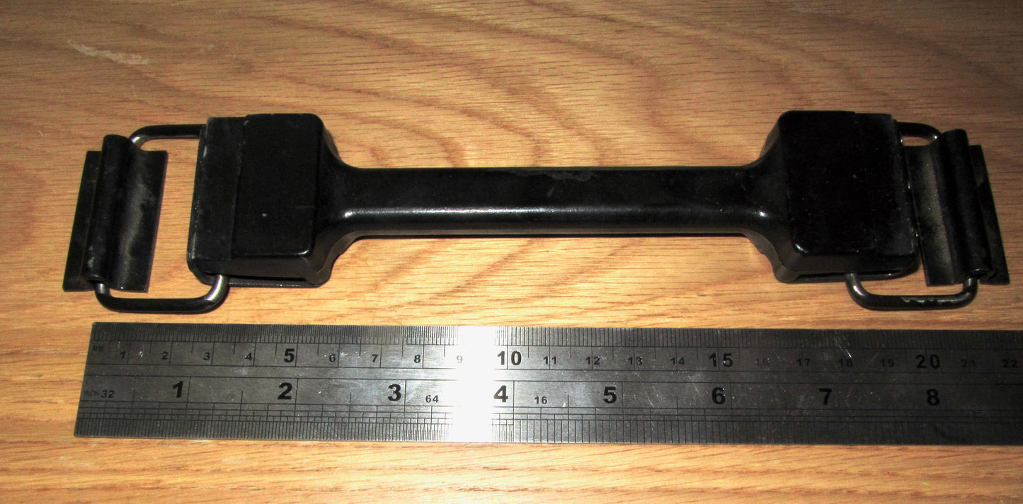 METAL HANDLE,  EX MILITARY? BLACK ENA,EL FINISH WITH SECURING LOOPS AND HANGERS