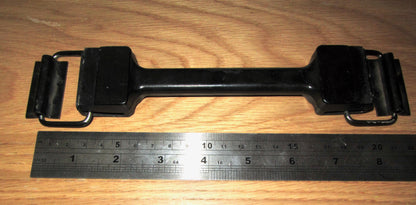 METAL HANDLE,  EX MILITARY? BLACK ENA,EL FINISH WITH SECURING LOOPS AND HANGERS