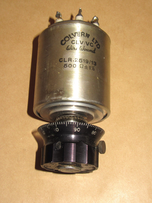 COLVERN, CLR.2519, 10 TURN HELICAL, WIRE WOUND POTENTIOMETERS,  CASE SOLDER SEALED, MIL SPEC, EX EQUIPT, 500 OHM, WITH GEARED VERNIER KNOB