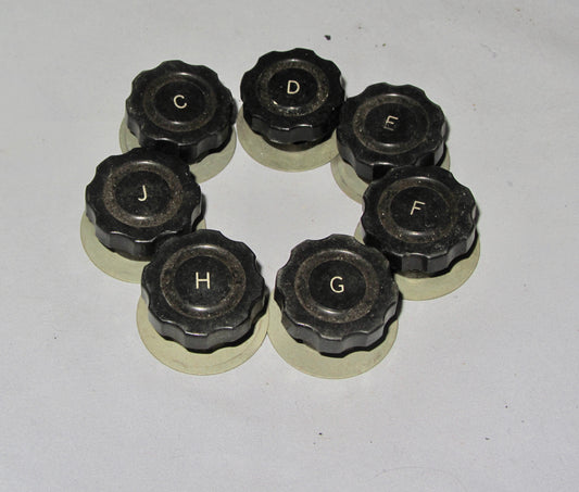 MARCONI KNOBS, BLACK, LETTERED,  C - J, 30mm SKIRT, 6MM SHAFT