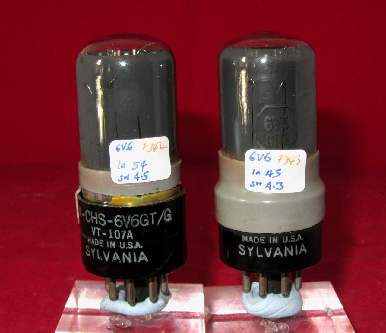 6V6GT, SYLVANIA, MATCHED PAIR ,VT-107A,  10CV/511, GREY GLASS, BRITISH AIR MINISTRY 10CV/511 WITH 1950S GREY ENVELOPE SLEEVE