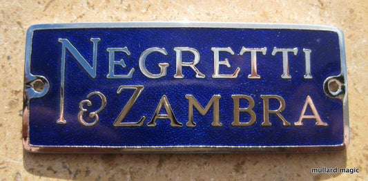 NEGRETTI & ZAMBRA BLUE VITRIFIED ENAMEL & CHROMED BRASS INSTRUMENT BADGES - MULLARD MAGIC - 1