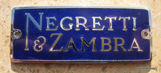 NEGRETTI & ZAMBRA BLUE VITRIFIED ENAMEL & CHROMED BRASS INSTRUMENT BADGES - MULLARD MAGIC - 2