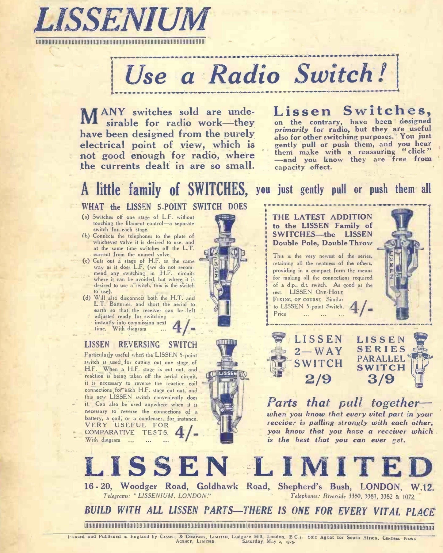 LISSEN, FIVE POINT SWITCH, 1925