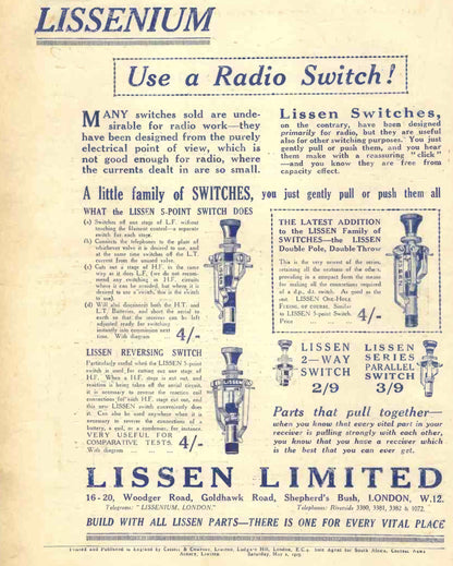 LISSEN, FIVE POINT SWITCH, 1925