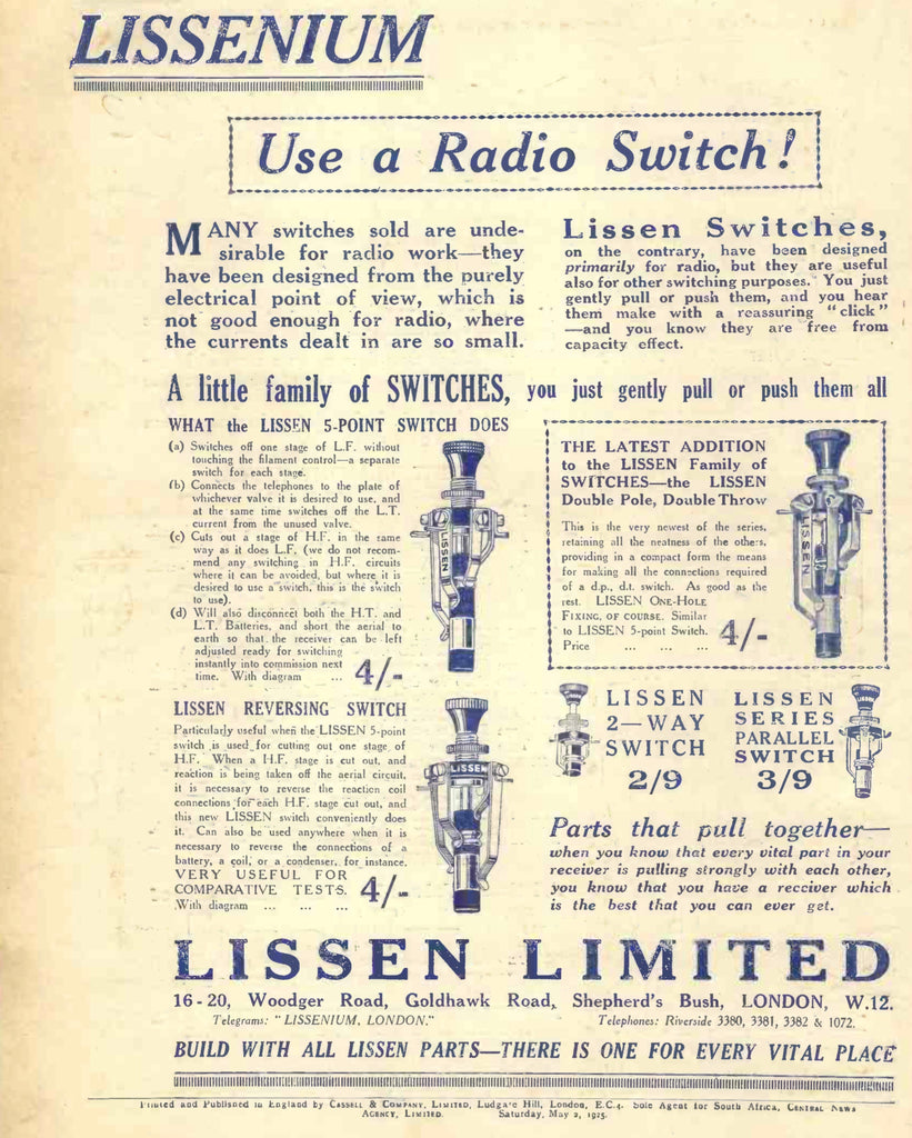 LISSEN, FIVE POINT SWITCH, 1925 – MULLARD MAGIC