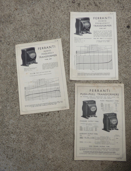 FERRANTI, AUDIO OUTPUT TRANSFORMERS, AF5, AF7, 1933. 3X SHEETS