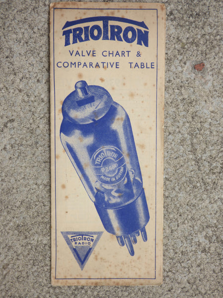 TRIOTRON, VALVE CHART & COMPARATIVE TABLE, 1936