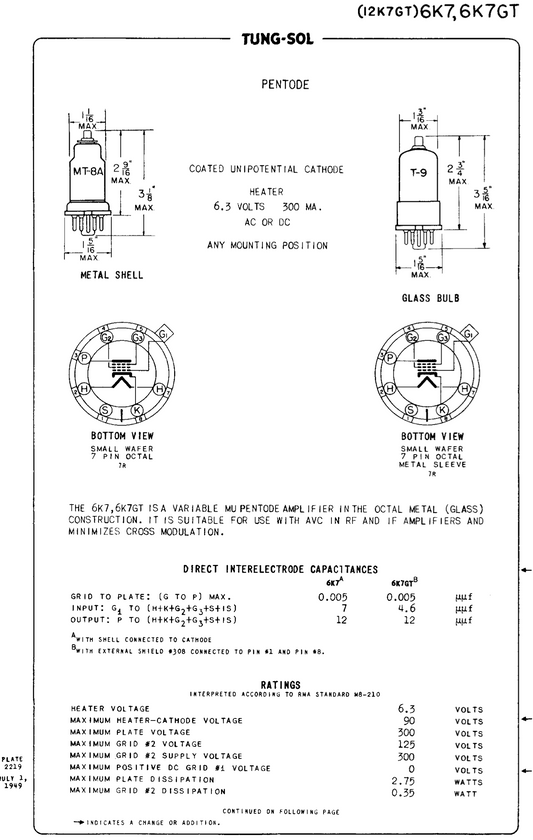 6K7, TUNGSRAM, CV1942, VT-86, FOR WS19, R107, T1304