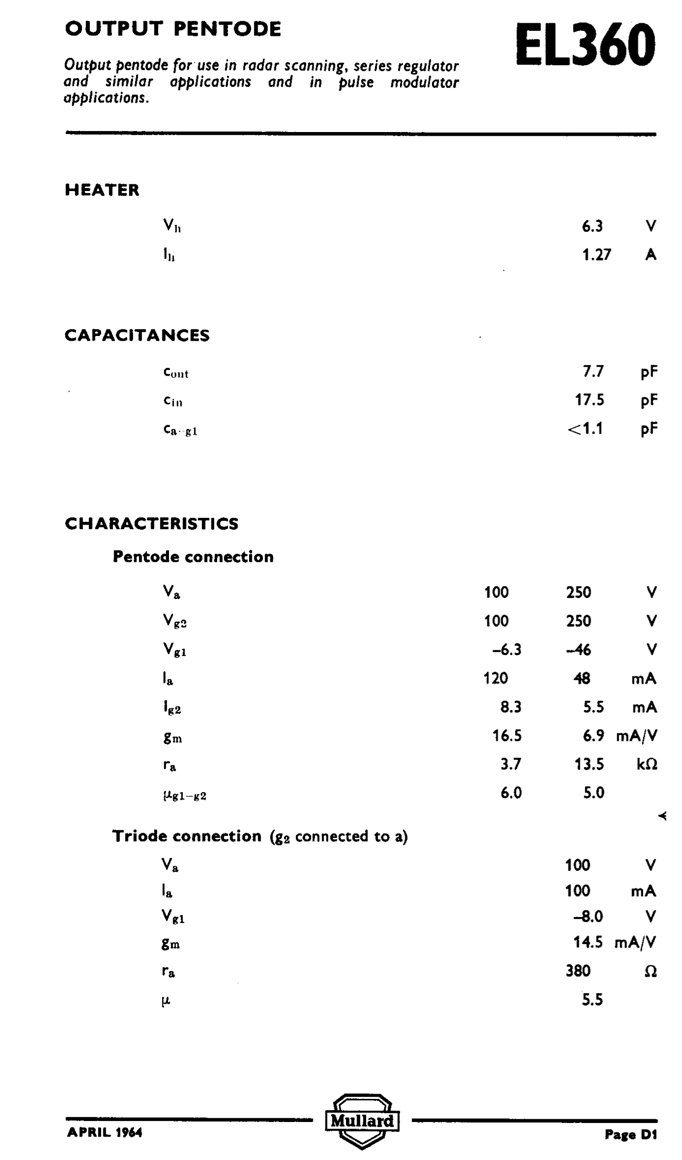 EL360, MULLARD, NOS, NIB, 11E14, CV5830