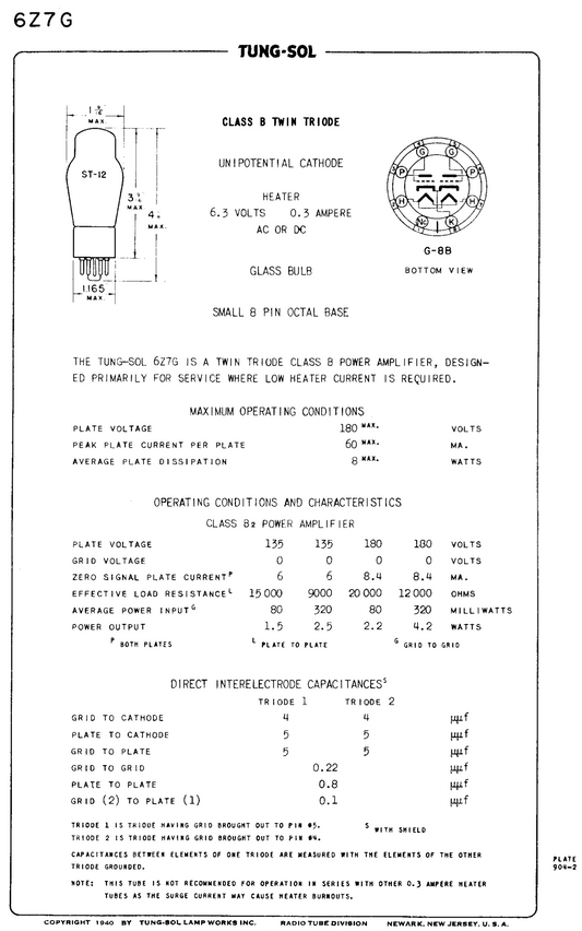 6Z7G, GM, White Box, Double Triode Output Amplifier Valve, CV872, ZA3088,